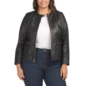 COLE HAAN Black Plus Genuine Lambskin Leather Jacket With Woven Details